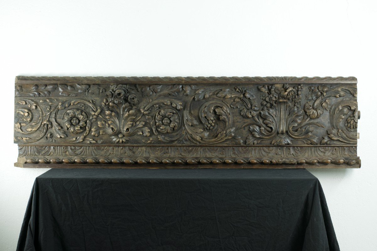 Grand Parement Ancien Bois Sculpté Bouquet De Fleurs Baroque Godrons Frise 2m Boiserie -photo-2