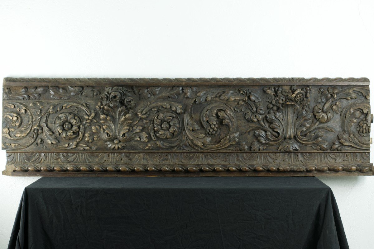 Grand Parement Ancien Bois Sculpté Bouquet De Fleurs Baroque Godrons Frise 2m Boiserie -photo-3