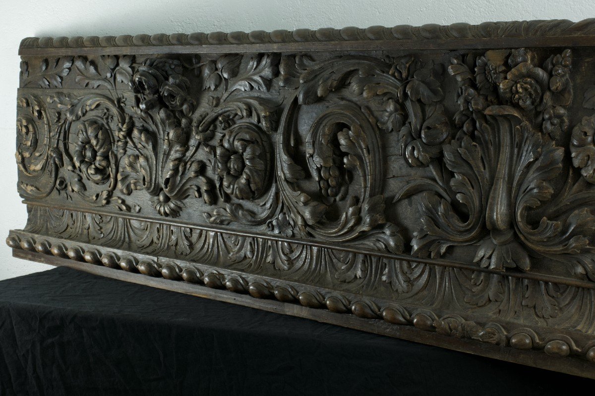 Grand Parement Ancien Bois Sculpté Bouquet De Fleurs Baroque Godrons Frise 2m Boiserie -photo-1