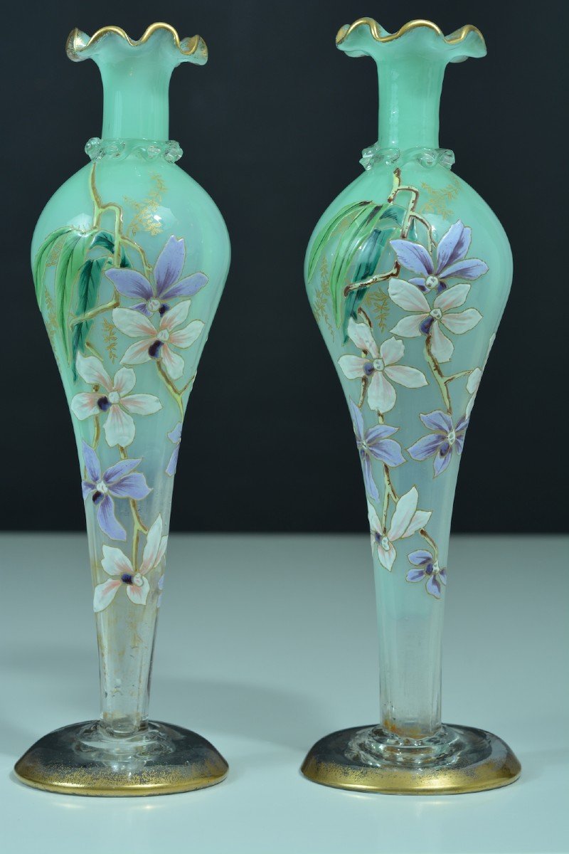 Legras  Paire De Grands Vases Anciens Verre Soufflé émaillé Bouquet Fleur Doré 19ème  sv Louis Damon MONTJOYE GALLÉ