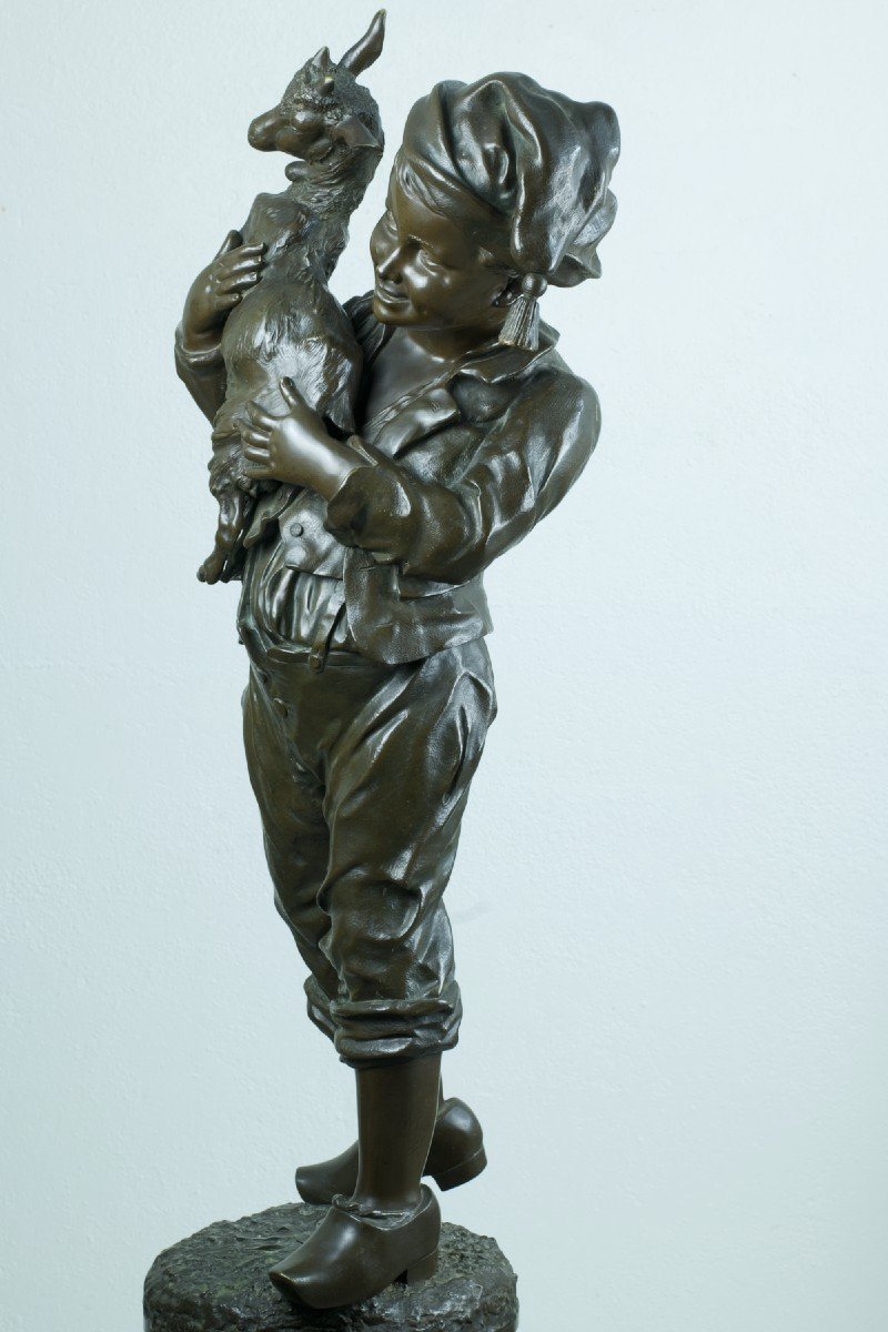 Emile Laporte  Grand Bronze Ancien Sculpture Portrait Enfant Au Chevreau 19e 1m-photo-6