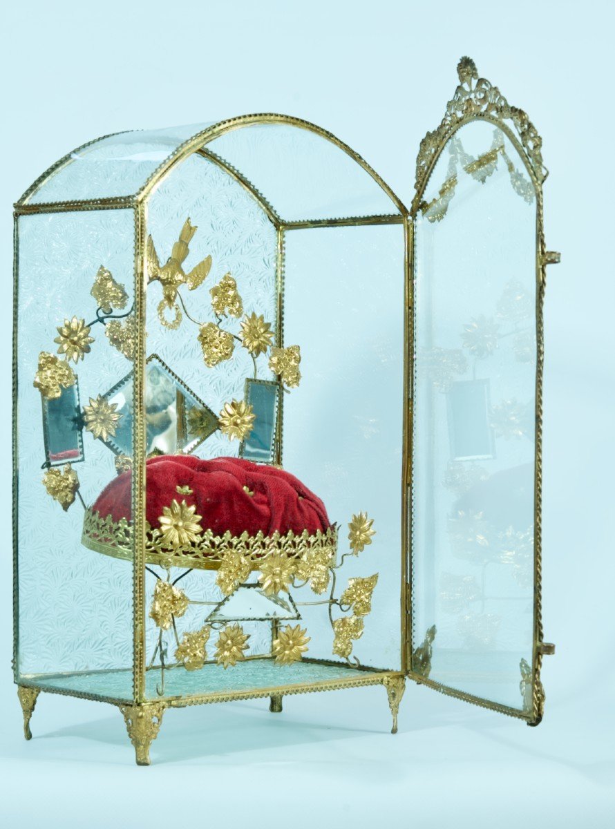 Grande Vitrine De Mariage Ancienne Dôme Miroir  panier fleuri noeud ruban 19 ème-photo-2