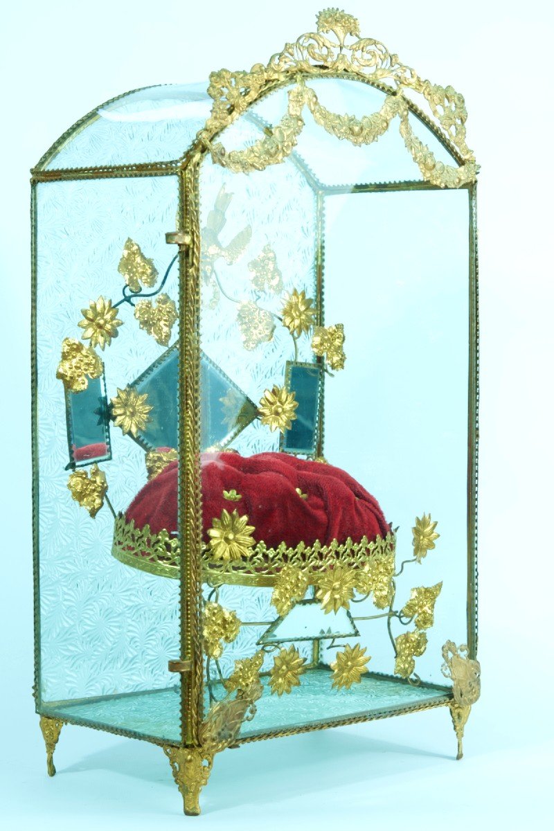 Grande Vitrine De Mariage Ancienne Dôme Miroir  panier fleuri noeud ruban 19 ème