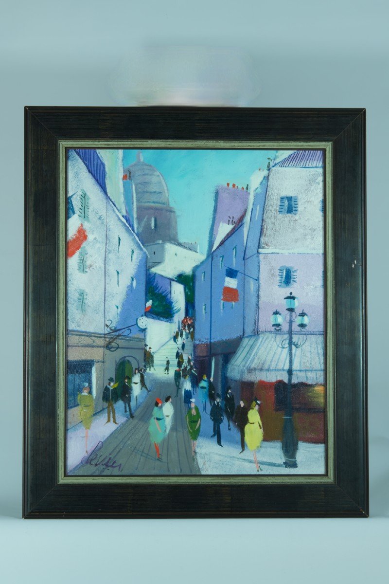 Charles Levier Tableau Ancien Vue De Montmartre Paris Rue Animée Drapeaux  Jour De Fête -photo-2