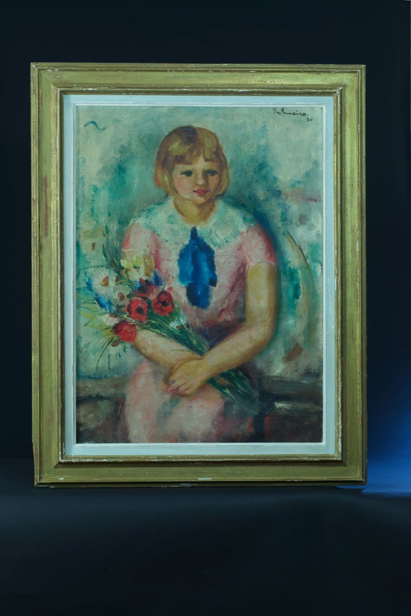 José Palmeiro Old Painting Portrait Little Girl Poppy Bouquet Impressionist Paris-photo-2