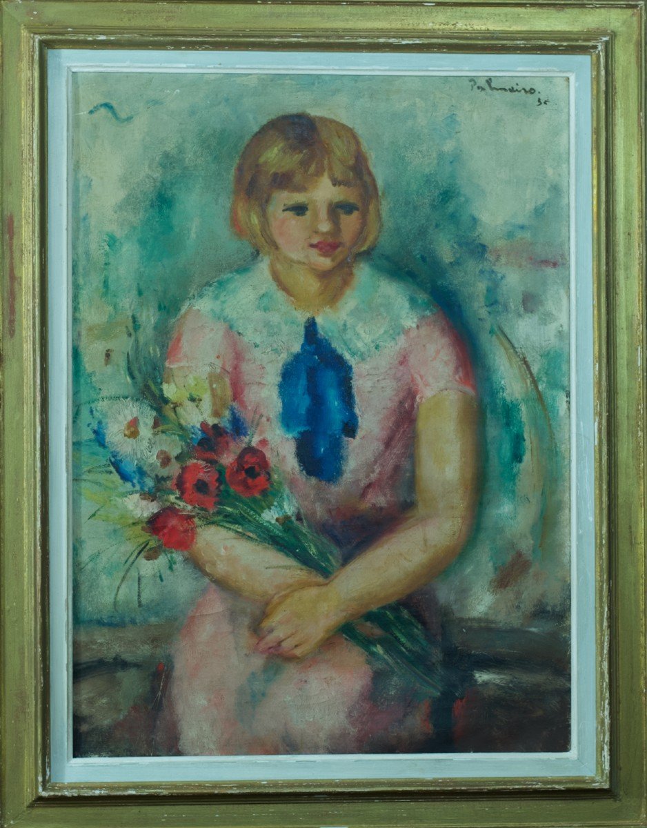José Palmeiro Old Painting Portrait Little Girl Poppy Bouquet Impressionist Paris-photo-3