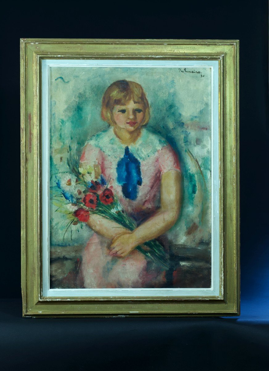 José Palmeiro Old Painting Portrait Little Girl Poppy Bouquet Impressionist Paris-photo-4