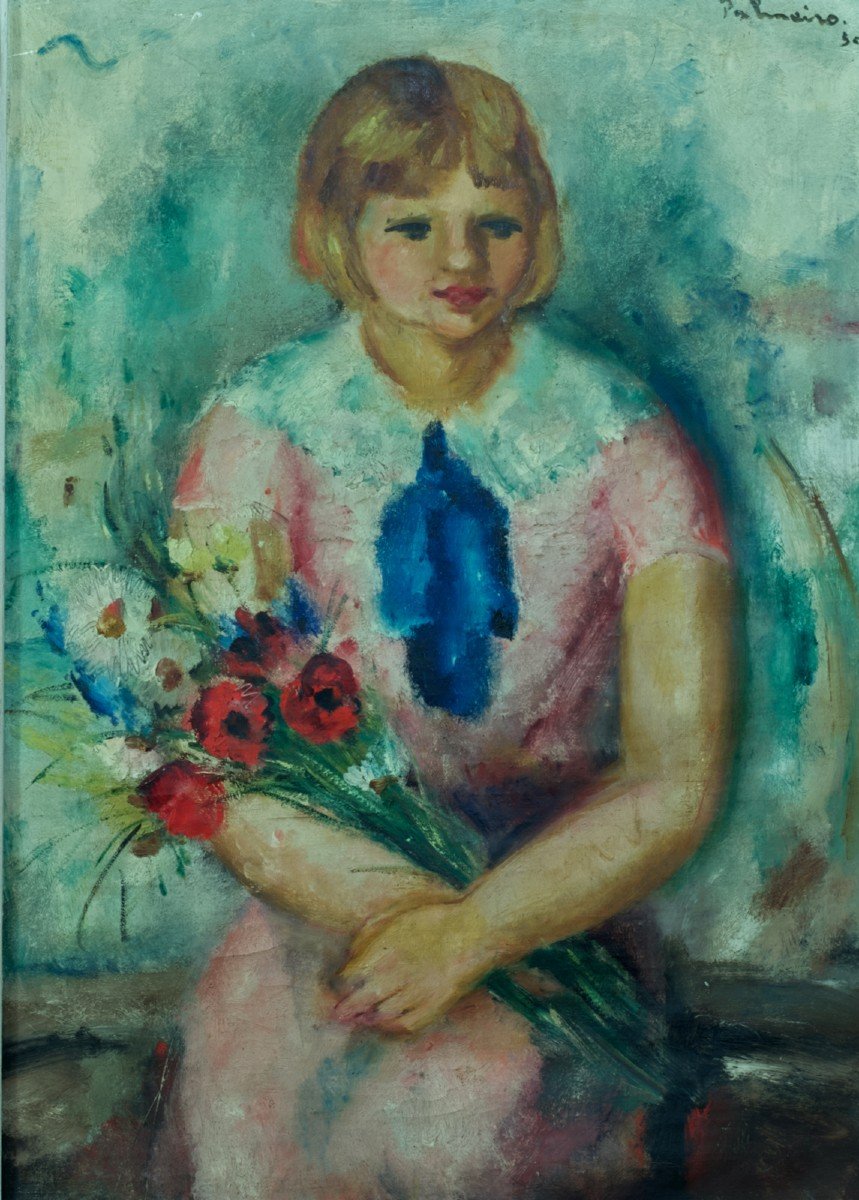 José Palmeiro Old Painting Portrait Little Girl Poppy Bouquet Impressionist Paris