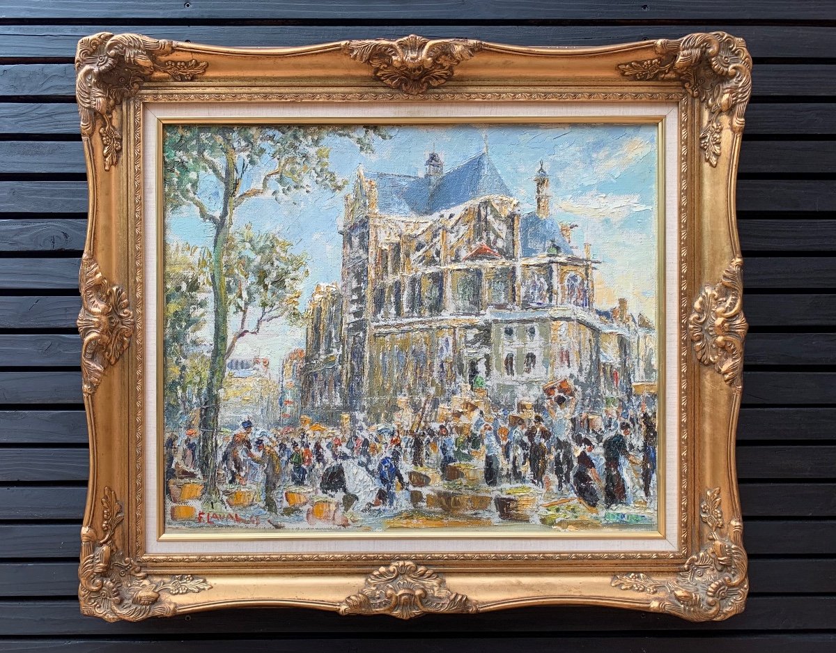 Fernand Laval Ancien Tableau Paris Marché Animé église Saint Eustache Paysage-photo-2