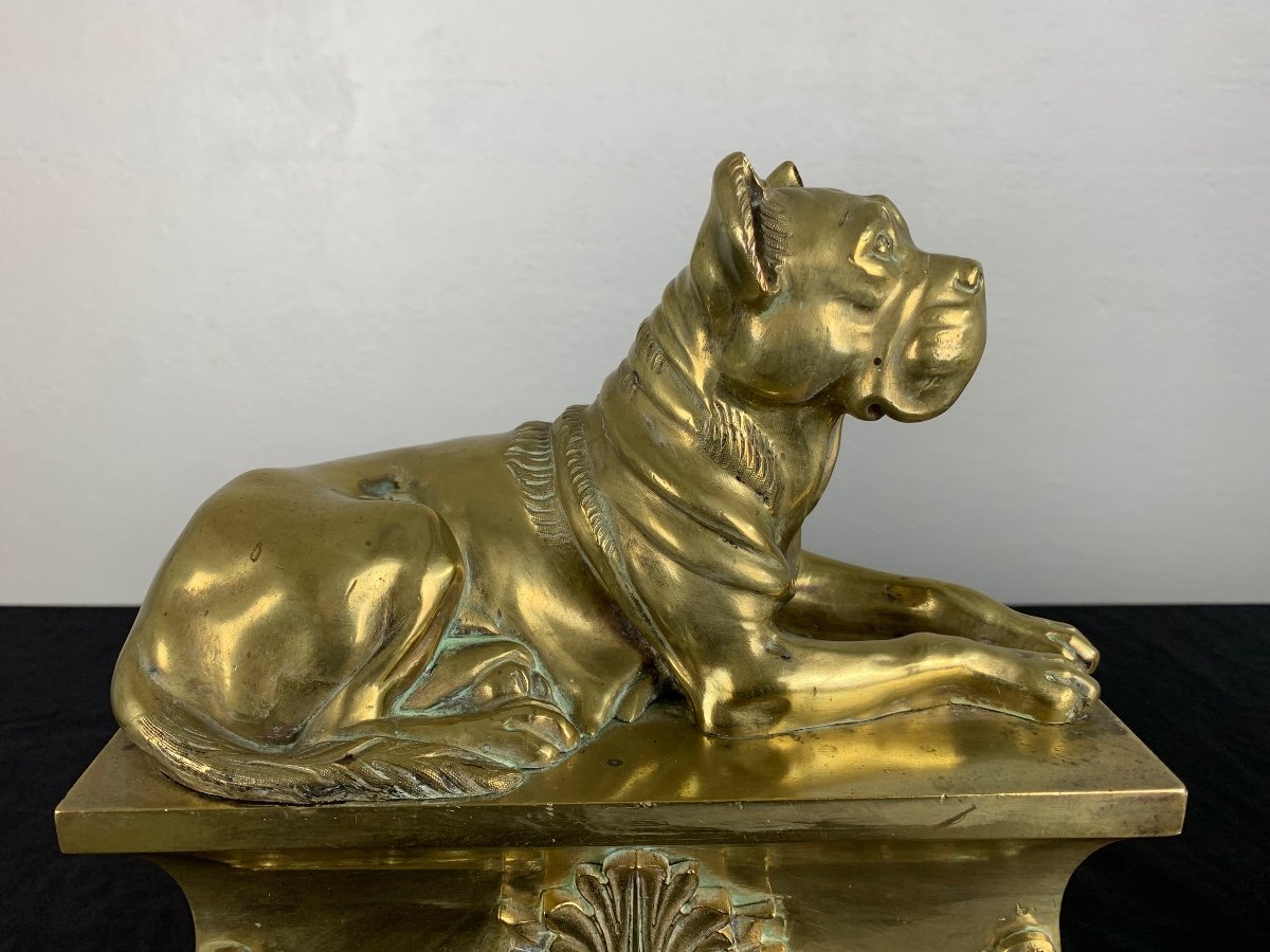 Ancienne Paire De Grandes Lampes Bronze Doré Chien Mastiff 19 ème Déco Chenet Décor-photo-2