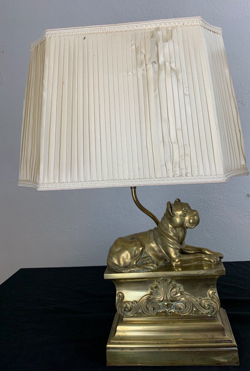 Ancienne Paire De Grandes Lampes Bronze Doré Chien Mastiff 19 ème Déco Chenet Décor-photo-5