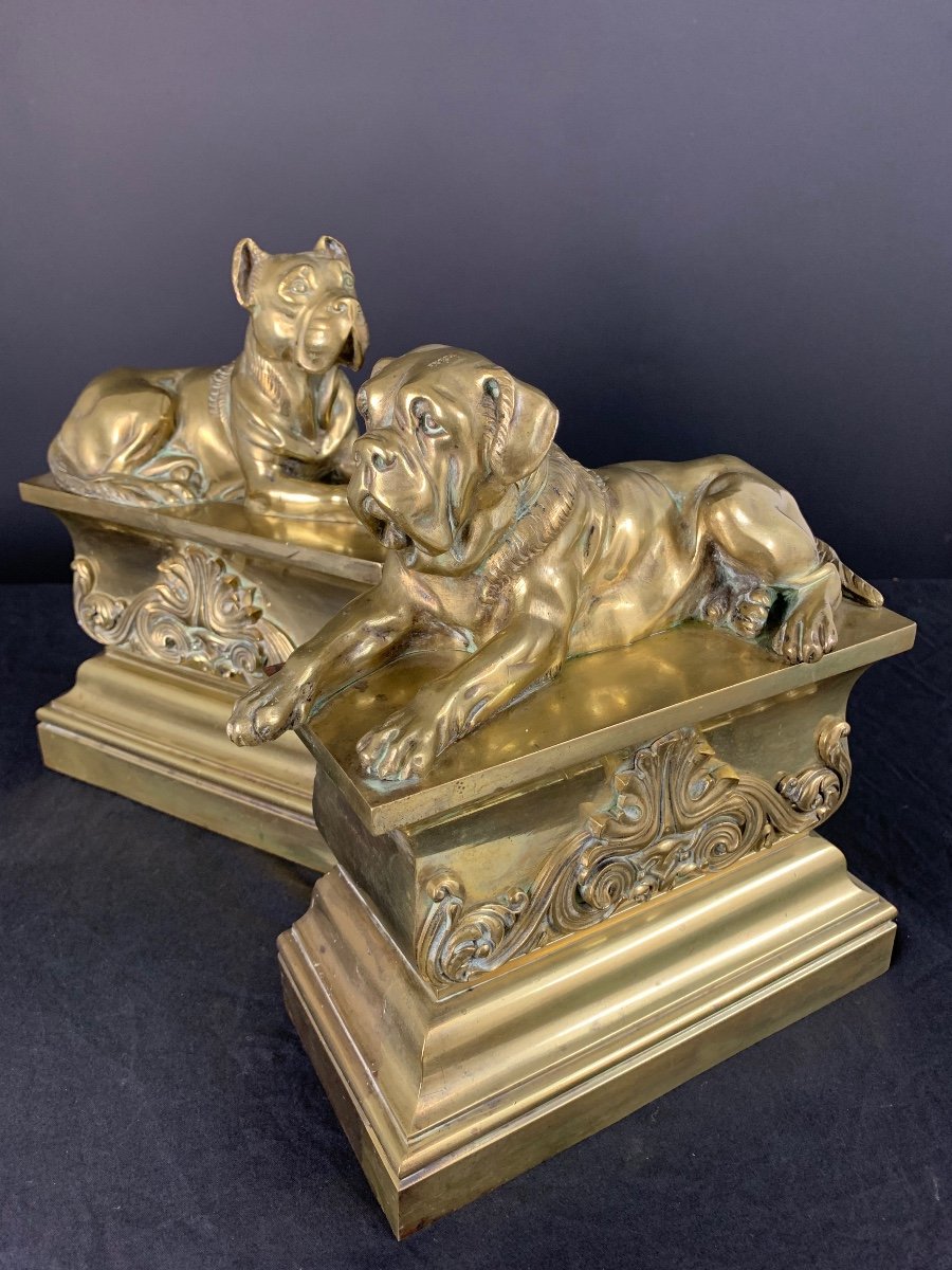Ancienne Paire De Grandes Lampes Bronze Doré Chien Mastiff 19 ème Déco Chenet Décor-photo-6