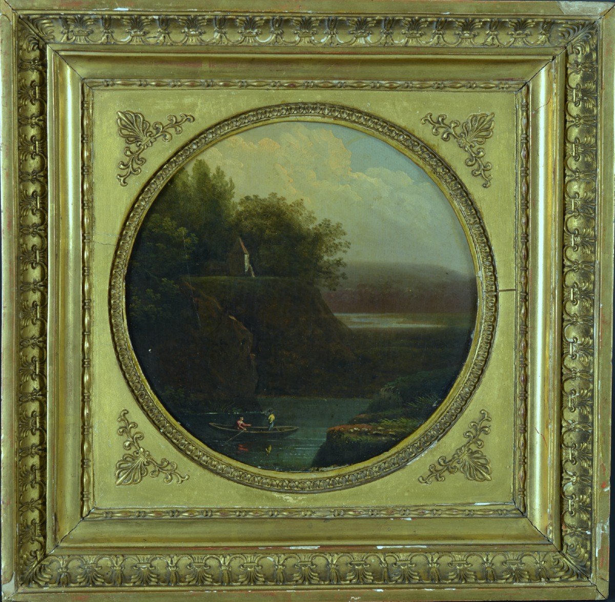 Ancien Tableau Paysage Promeneur Barque Château école Française 18è Suiv Bidauld-photo-3