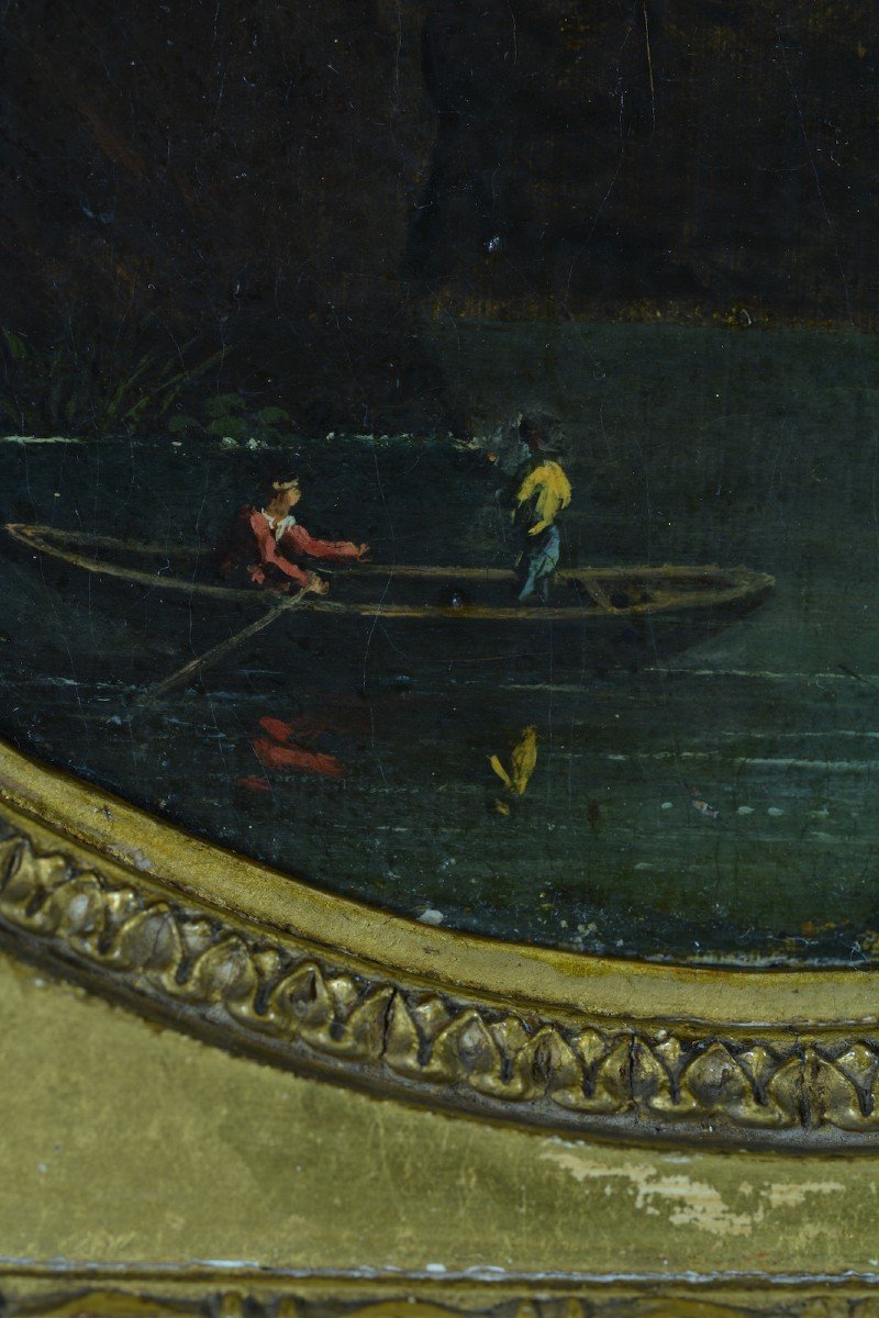Ancien Tableau Paysage Promeneur Barque Château école Française 18è Suiv Bidauld-photo-3