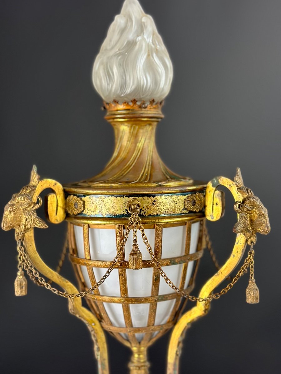 Old Large Bronze Oil Lamp Louis XVI Rams Athenian Perfume Chain Gouthiére-photo-3