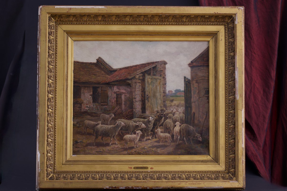 Ceramano Ancien Tableau éc. De Barbizon Bergerie Mouton Ferme  Diaz Paysage 19ème Belge Cadre-photo-2