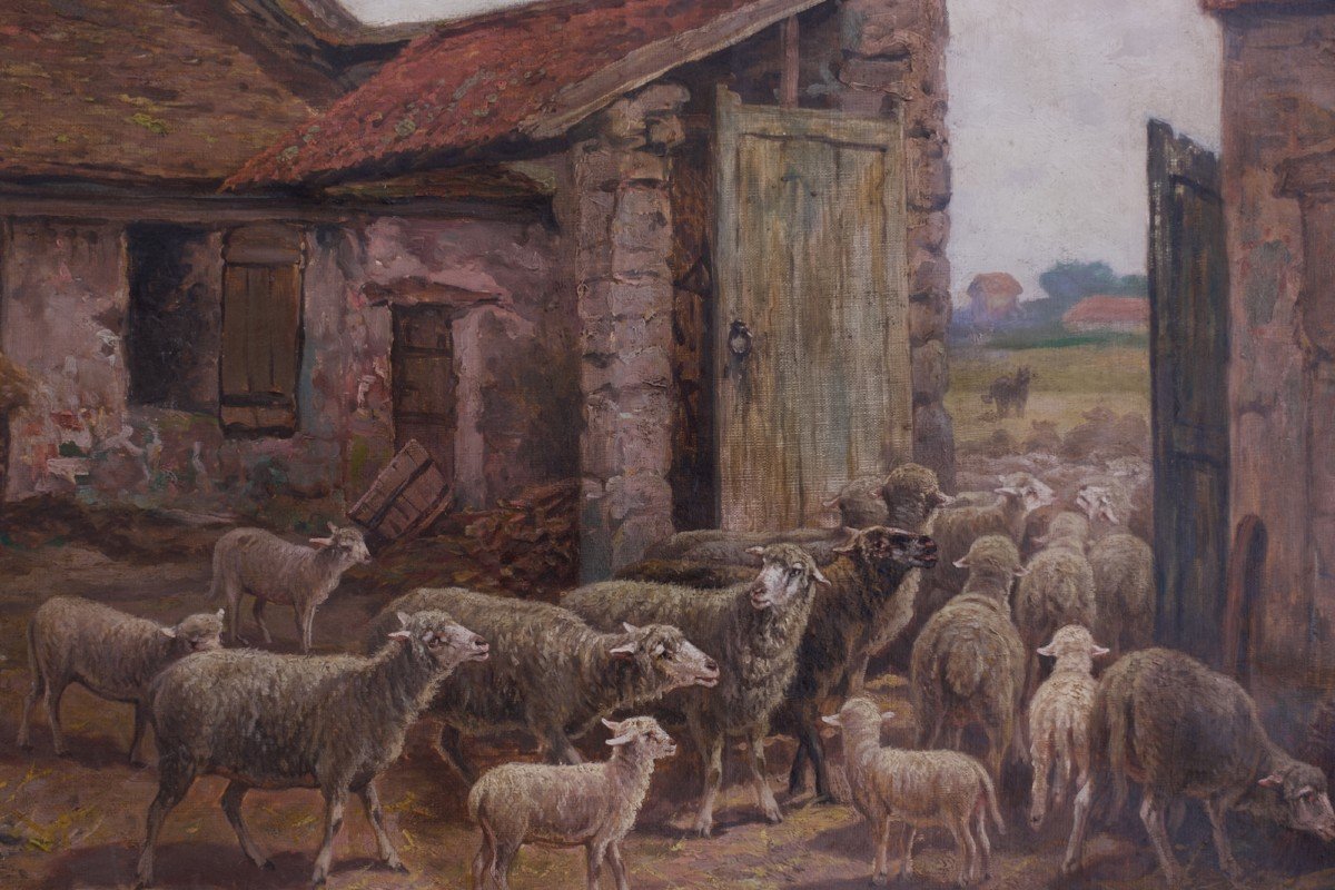 Ceramano Ancien Tableau éc. De Barbizon Bergerie Mouton Ferme  Diaz Paysage 19ème Belge Cadre-photo-4