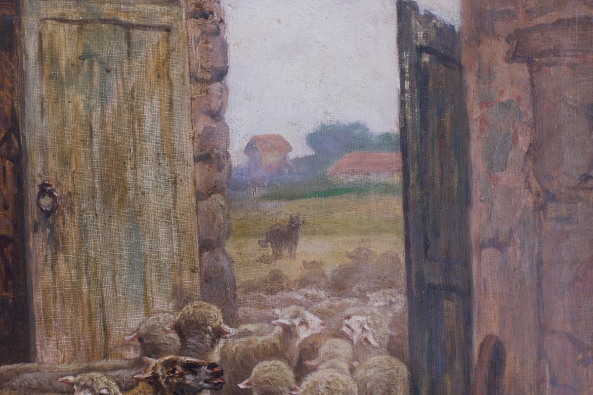 Ceramano Ancien Tableau éc. De Barbizon Bergerie Mouton Ferme  Diaz Paysage 19ème Belge Cadre-photo-6