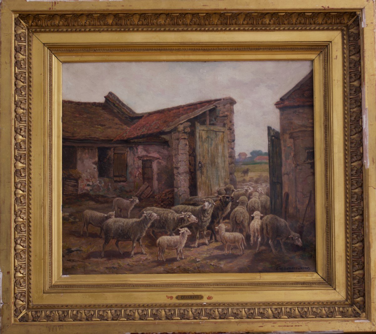 Ceramano Ancien Tableau éc. De Barbizon Bergerie Mouton Ferme  Diaz Paysage 19ème Belge Cadre