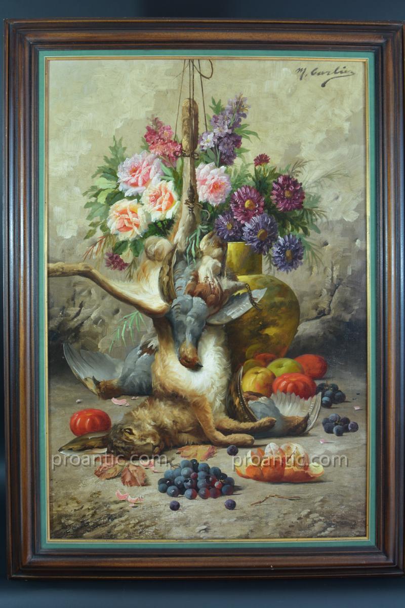 Beau Tableau Ancien Max Carlier Nature Morte Fleurs Fruits Gibier 19e Still Life-photo-2