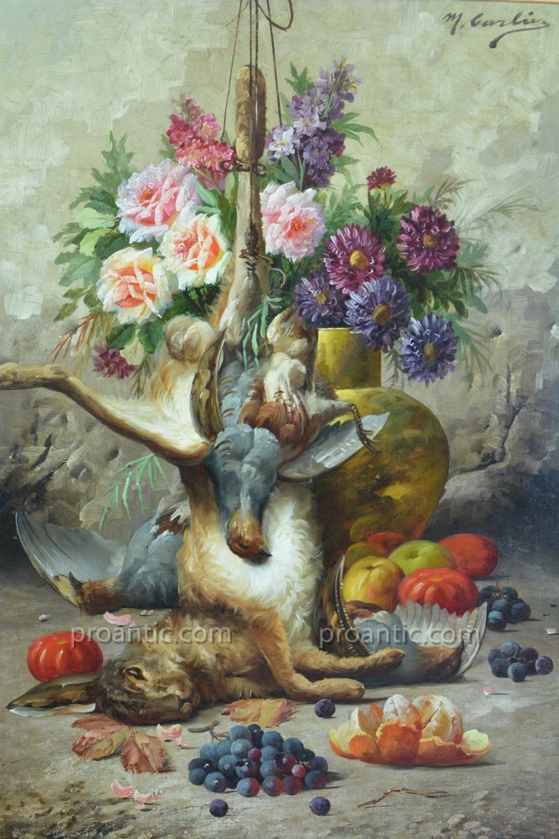 Beau Tableau Ancien Max Carlier Nature Morte Fleurs Fruits Gibier 19e Still Life-photo-3