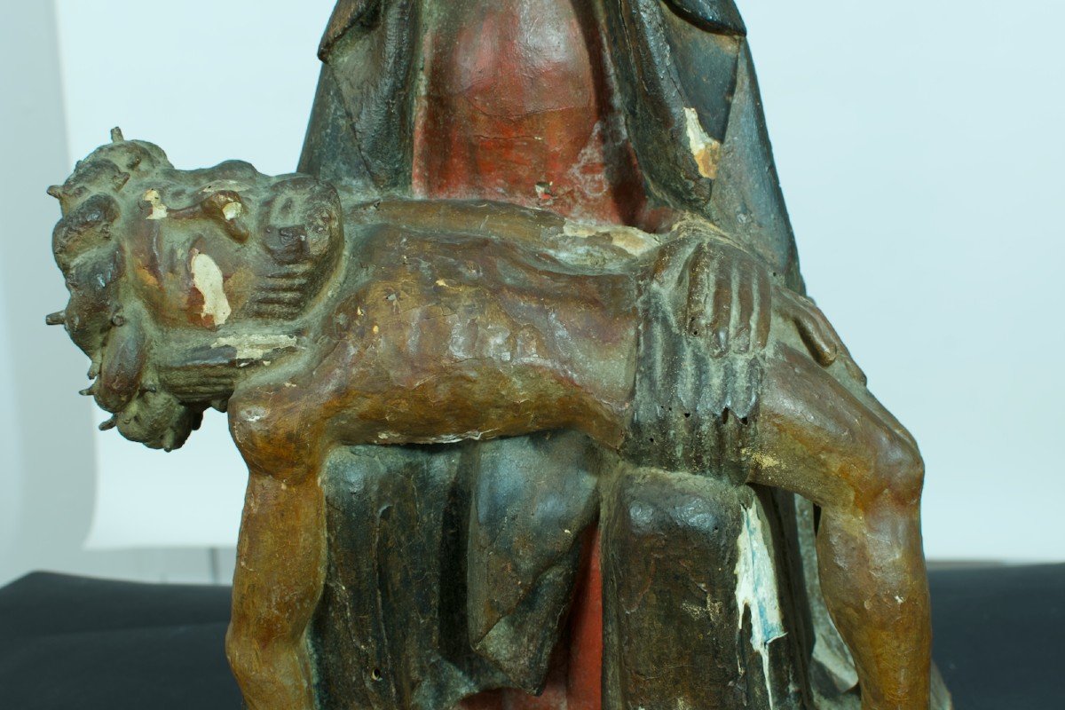 Ancienne Grande Statue Religieuse Piéta Gothique Bois Sculpté Polychrome XV ème pietà-photo-1