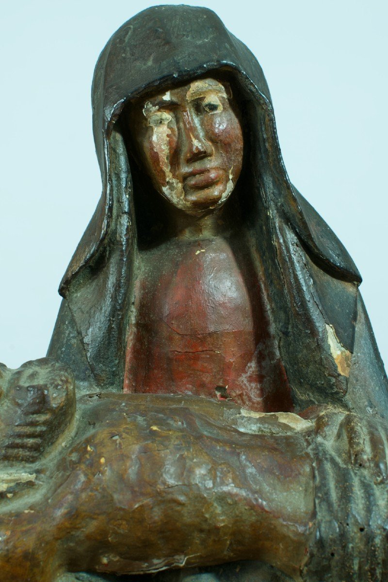 Ancienne Grande Statue Religieuse Piéta Gothique Bois Sculpté Polychrome XV ème pietà-photo-4