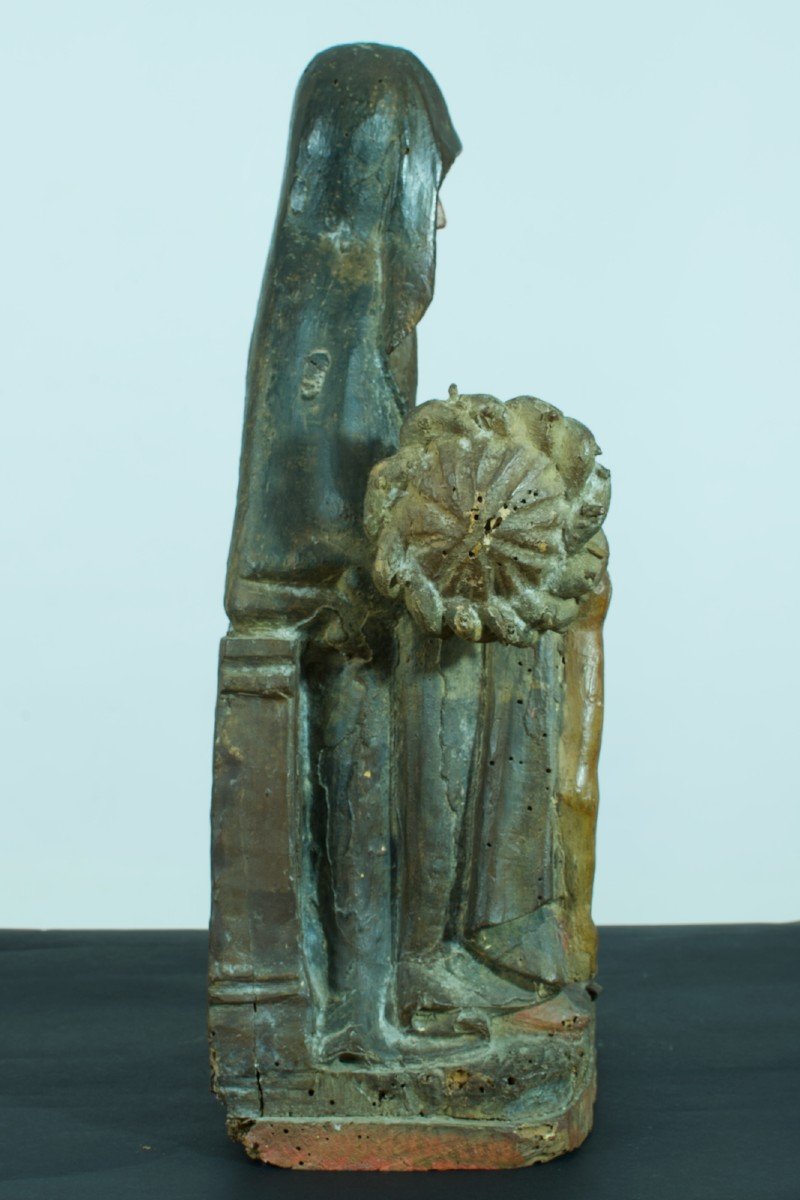 Ancienne Grande Statue Religieuse Piéta Gothique Bois Sculpté Polychrome XV ème pietà-photo-5