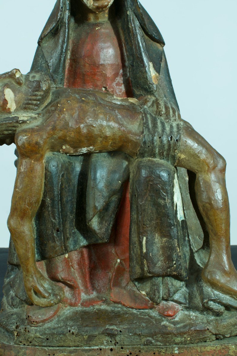 Ancienne Grande Statue Religieuse Piéta Gothique Bois Sculpté Polychrome XV ème pietà-photo-6