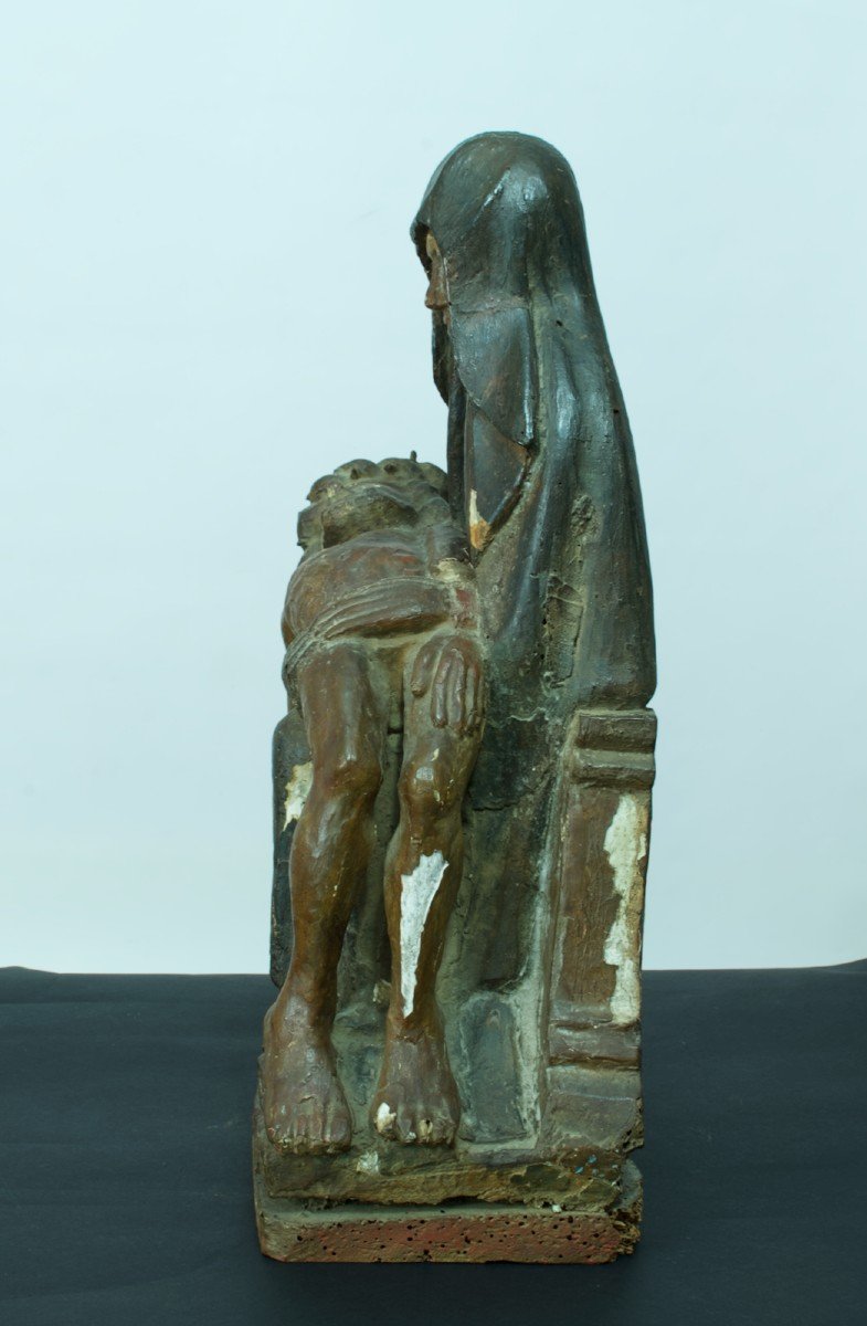 Ancienne Grande Statue Religieuse Piéta Gothique Bois Sculpté Polychrome XV ème pietà-photo-8
