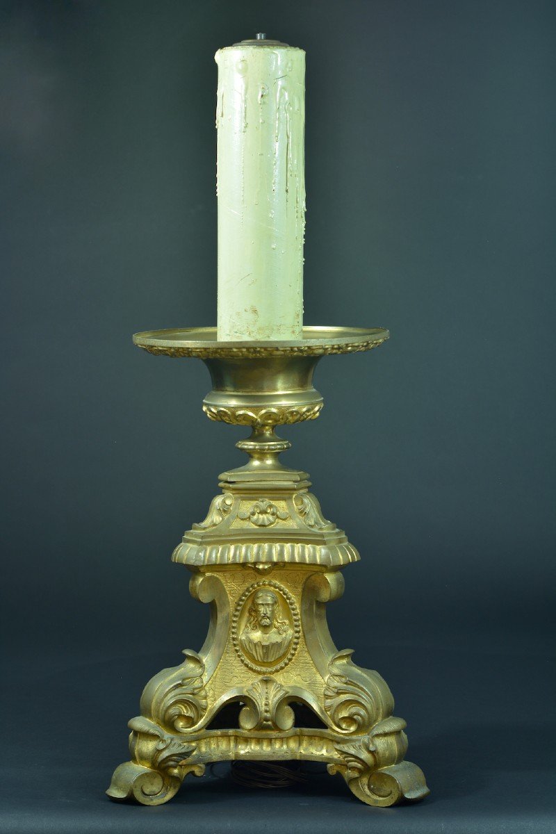 Old Imposing Pique Candle In Gilt Bronze 19th Mascaron Trinity Church-photo-2