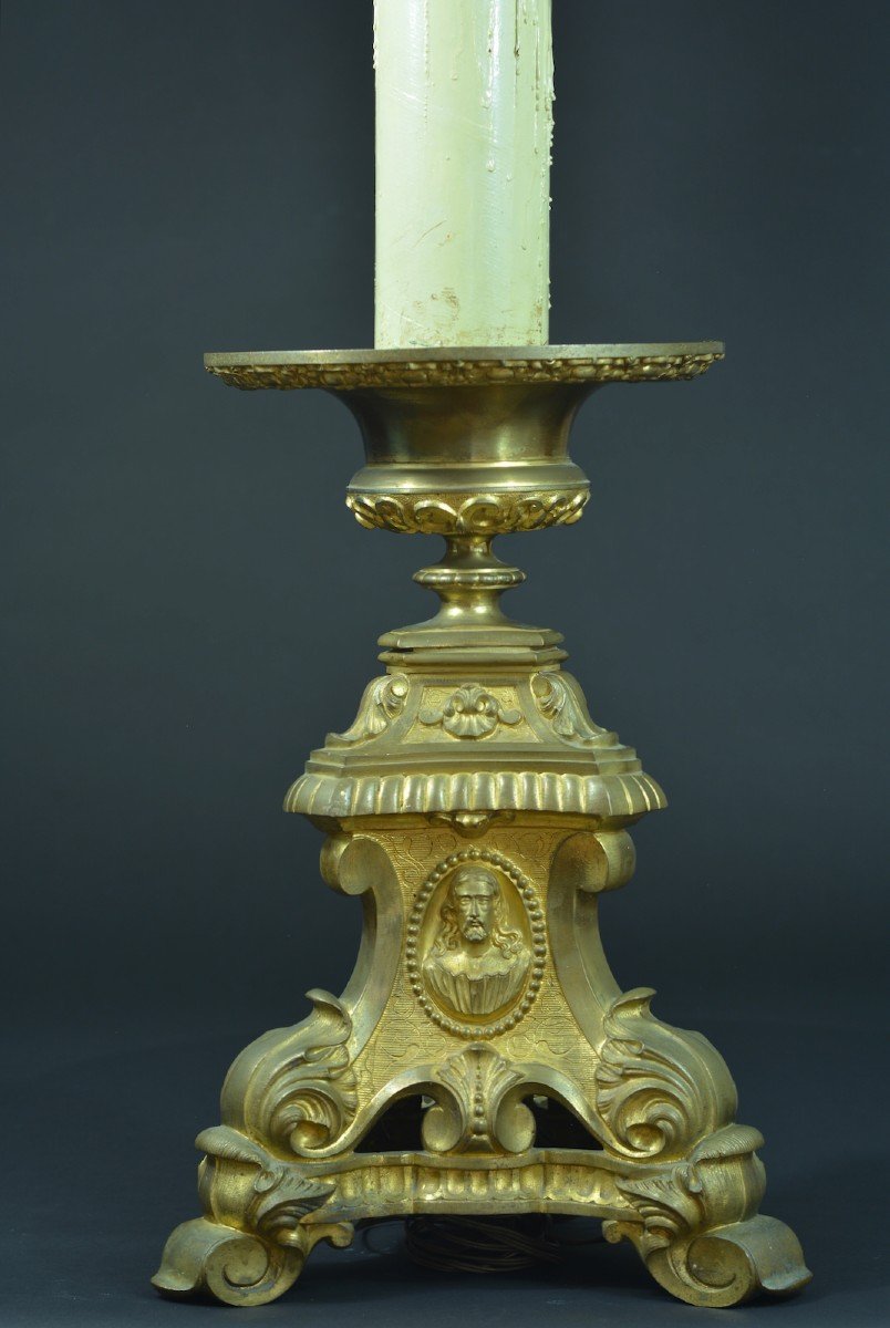Old Imposing Pique Candle In Gilt Bronze 19th Mascaron Trinity Church-photo-3