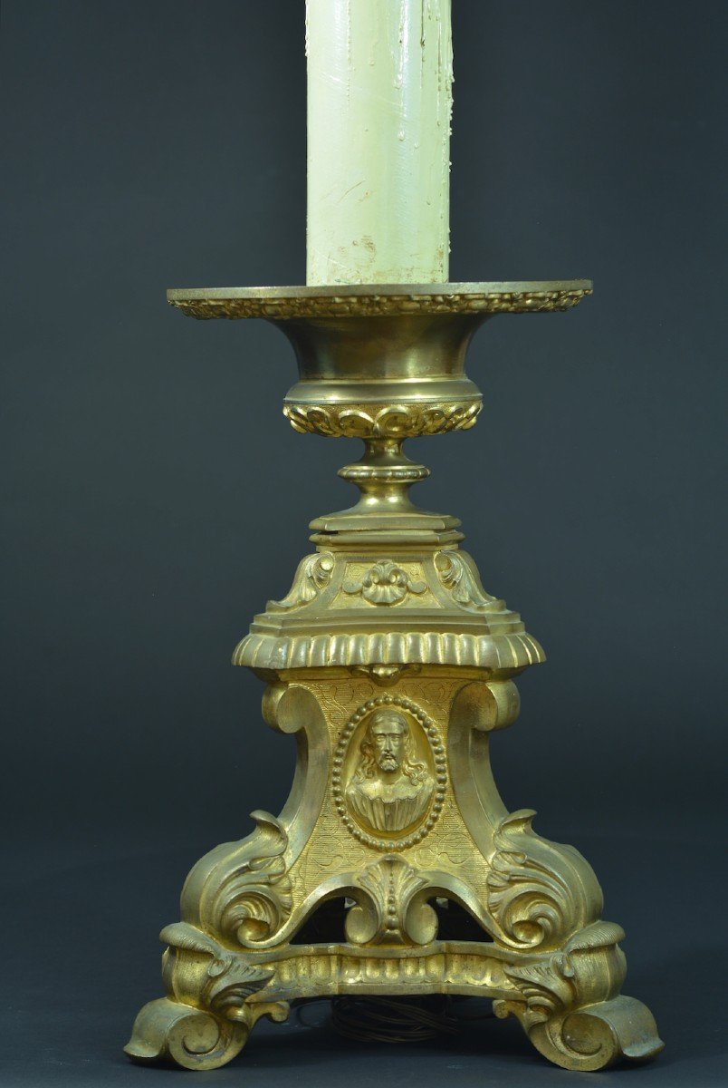 Old Imposing Pique Candle In Gilt Bronze 19th Mascaron Trinity Church-photo-6