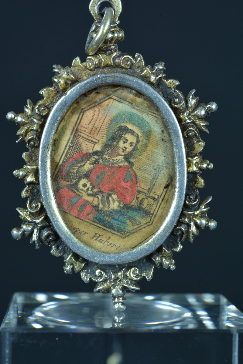 Ancien Reliquaire Relique En Argent 17 Thc St Appoline  St Marie Madeleine   Pendentif Médaillon-photo-2