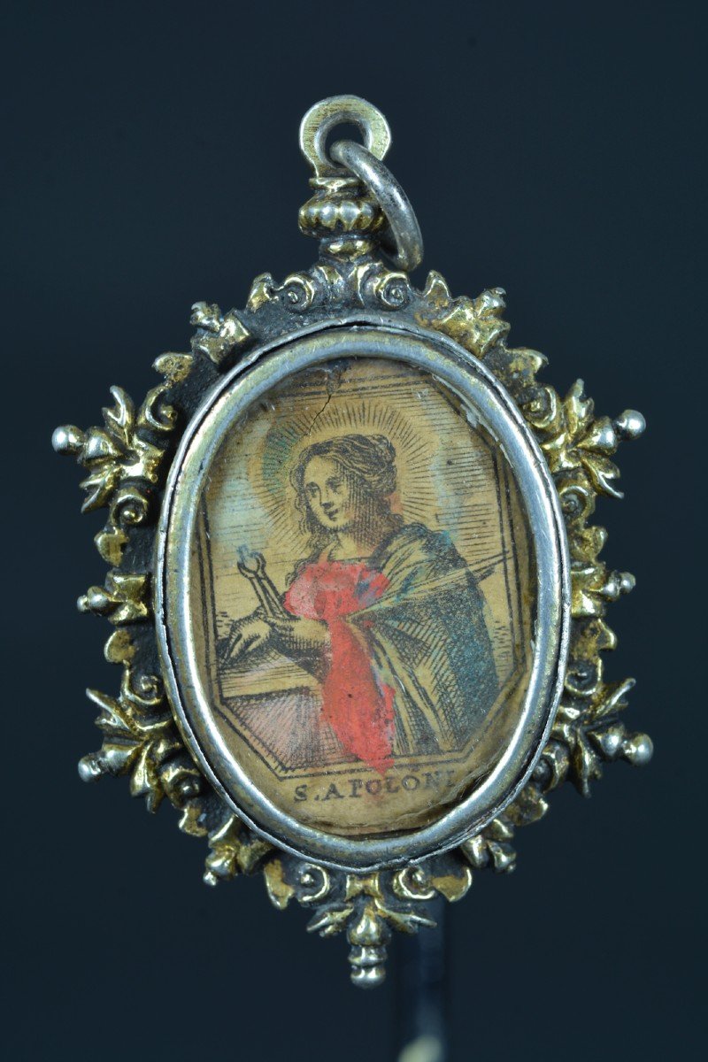 Ancien Reliquaire Relique En Argent 17 Thc St Appoline  St Marie Madeleine   Pendentif Médaillon-photo-6