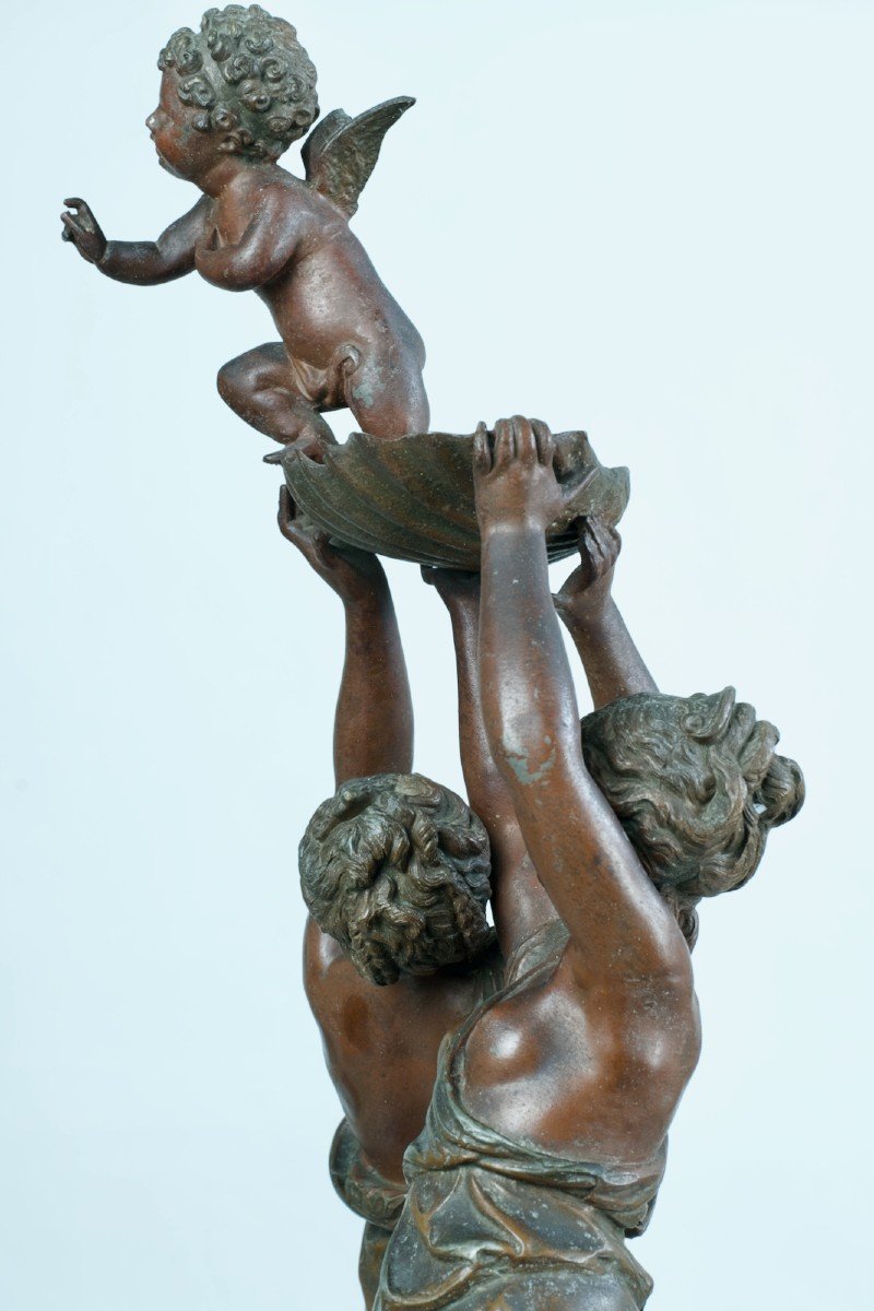 Old Large Pendulum Allegory Of Love Angel Nymph Pat. Bronze Marble 19th-photo-3