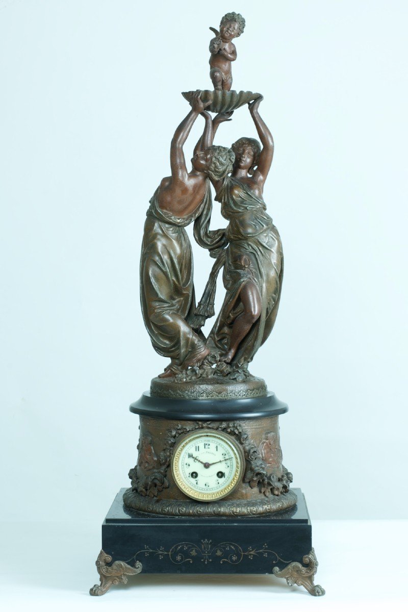 Old Large Pendulum Allegory Of Love Angel Nymph Pat. Bronze Marble 19th-photo-1