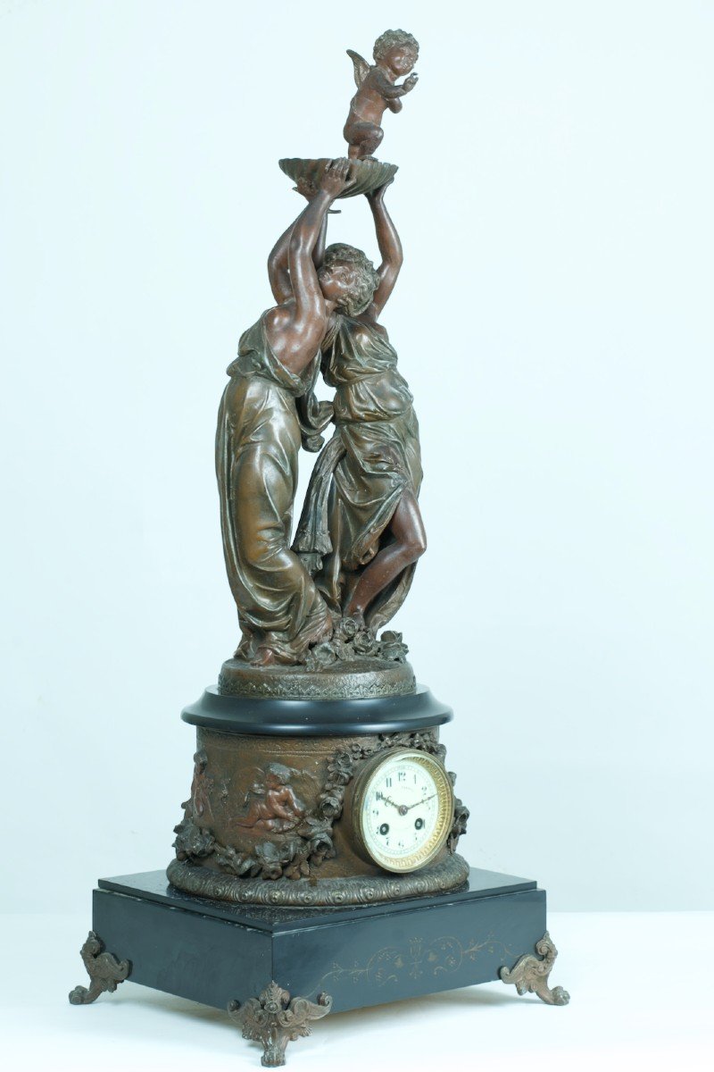 Old Large Pendulum Allegory Of Love Angel Nymph Pat. Bronze Marble 19th-photo-2