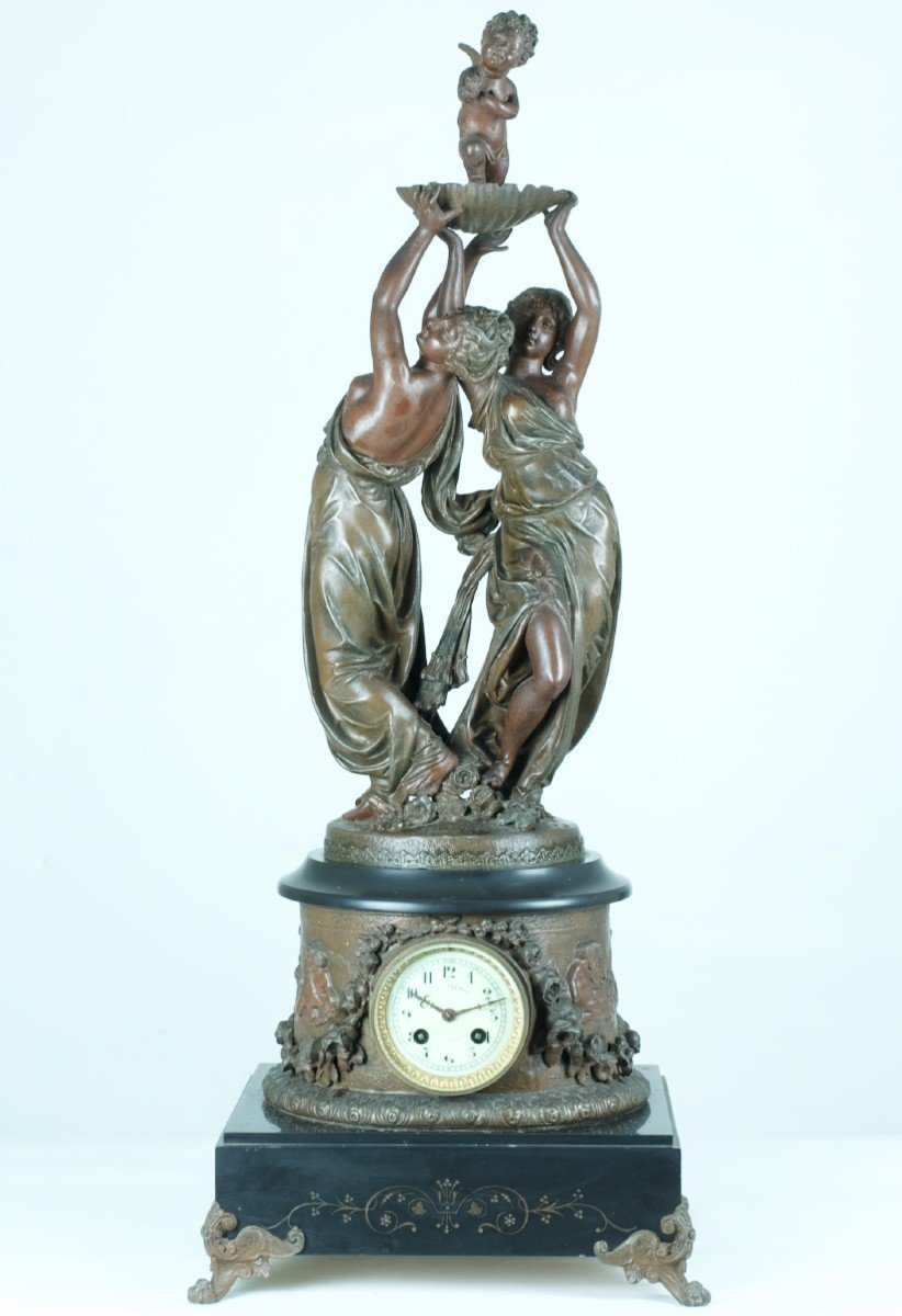 Old Large Pendulum Allegory Of Love Angel Nymph Pat. Bronze Marble 19th-photo-5