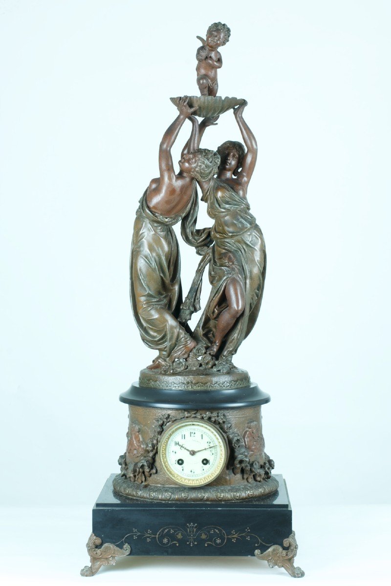 Old Large Pendulum Allegory Of Love Angel Nymph Pat. Bronze Marble 19th