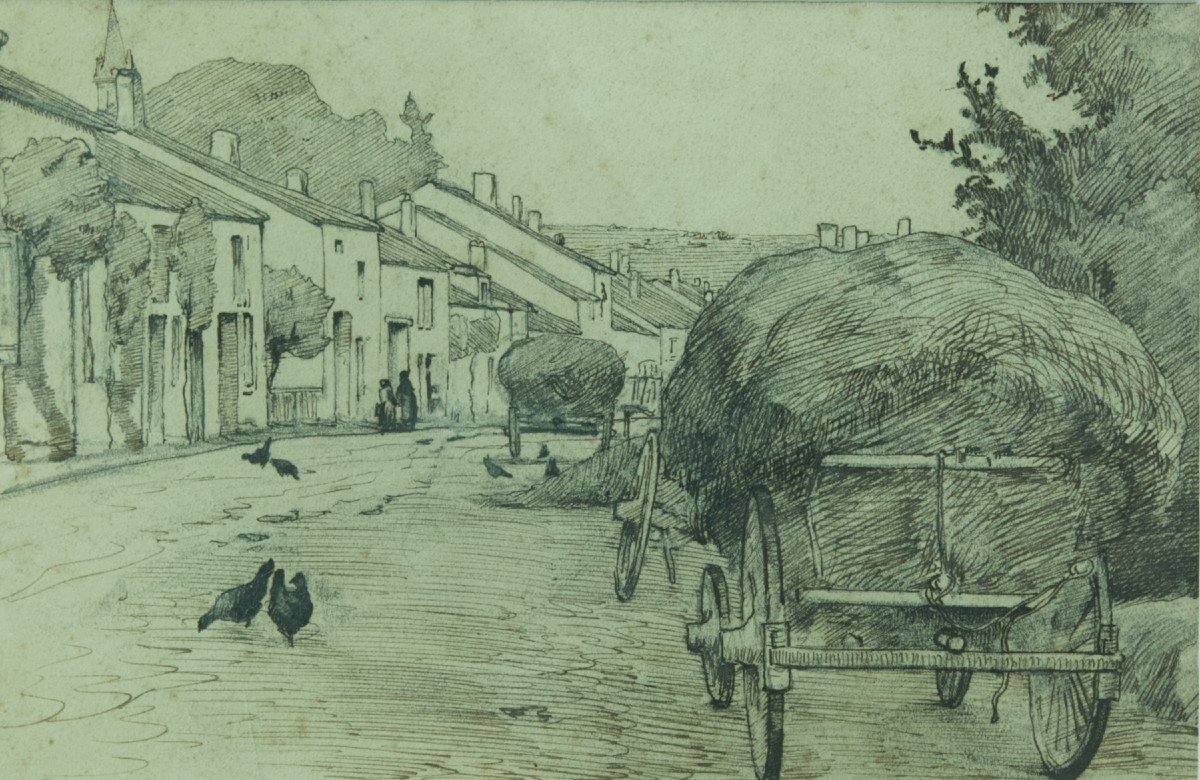 Gabriel Guerin Old Drawing Bourbonne-les-bains Animated View Meules Village 1900-photo-3