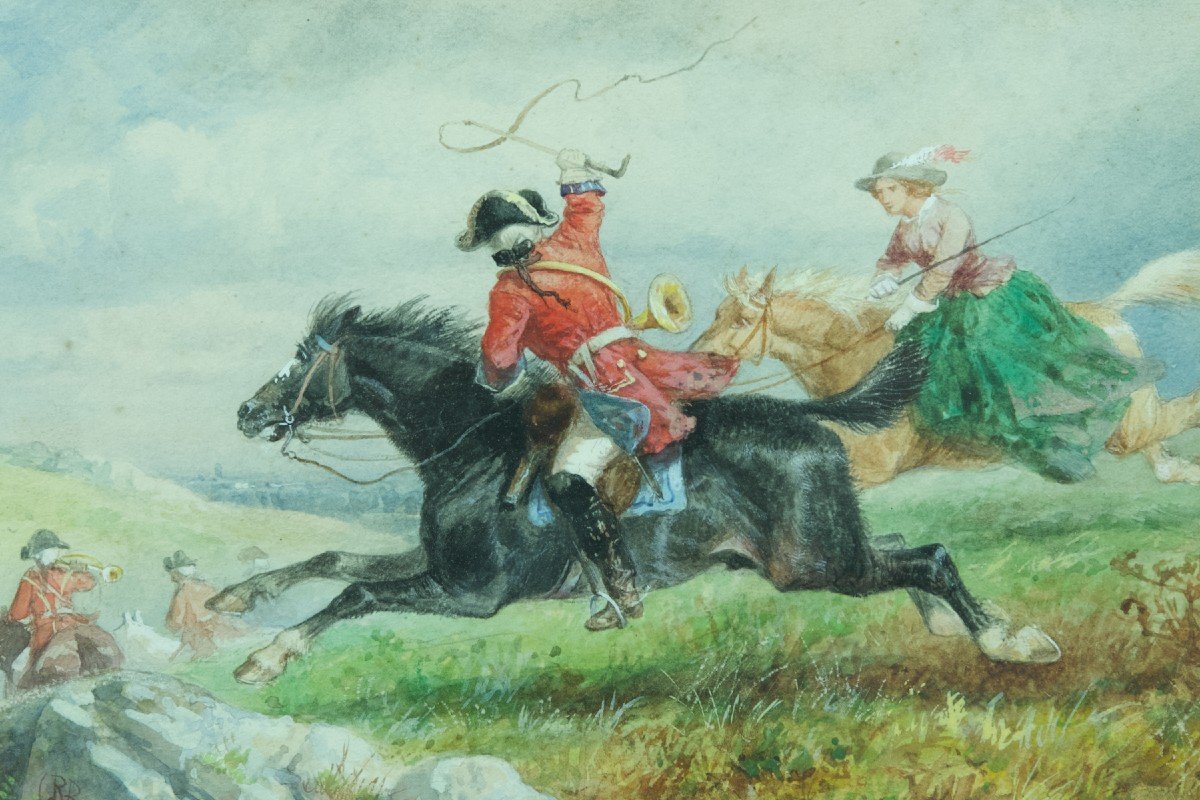 Richard Beavis  Ancien Dessin Anglais Couple De Cavaliers Chasse à Courre 19e-photo-4