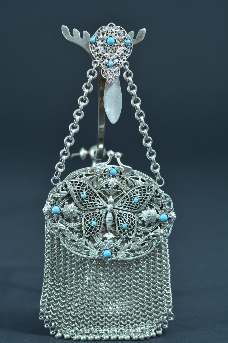 Large Chaplain Lady's Purse Turquoise Butterfly Mesh Filigree Old Art Nouveau Jewel-photo-6