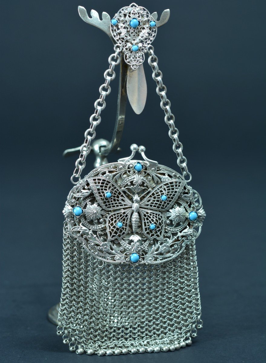 Large Chaplain Lady's Purse Turquoise Butterfly Mesh Filigree Old Art Nouveau Jewel