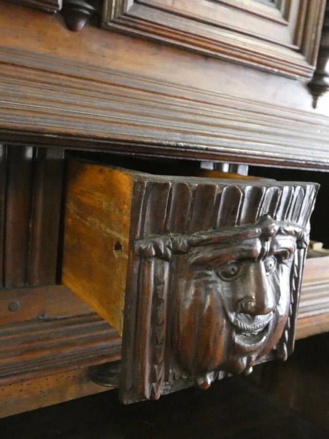 Ancien Buffet  17 ème Mascaron Bois Sculpté Diminutif Grotesque Art populaire Noyer-photo-4