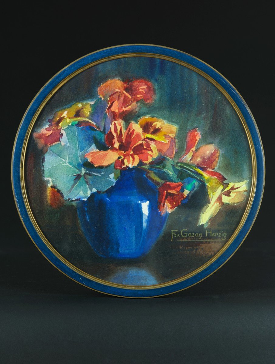 Ancien Tableau Aquarelle Herzig Art Déco Bouquet De Fleur Pensées Vase Tondo