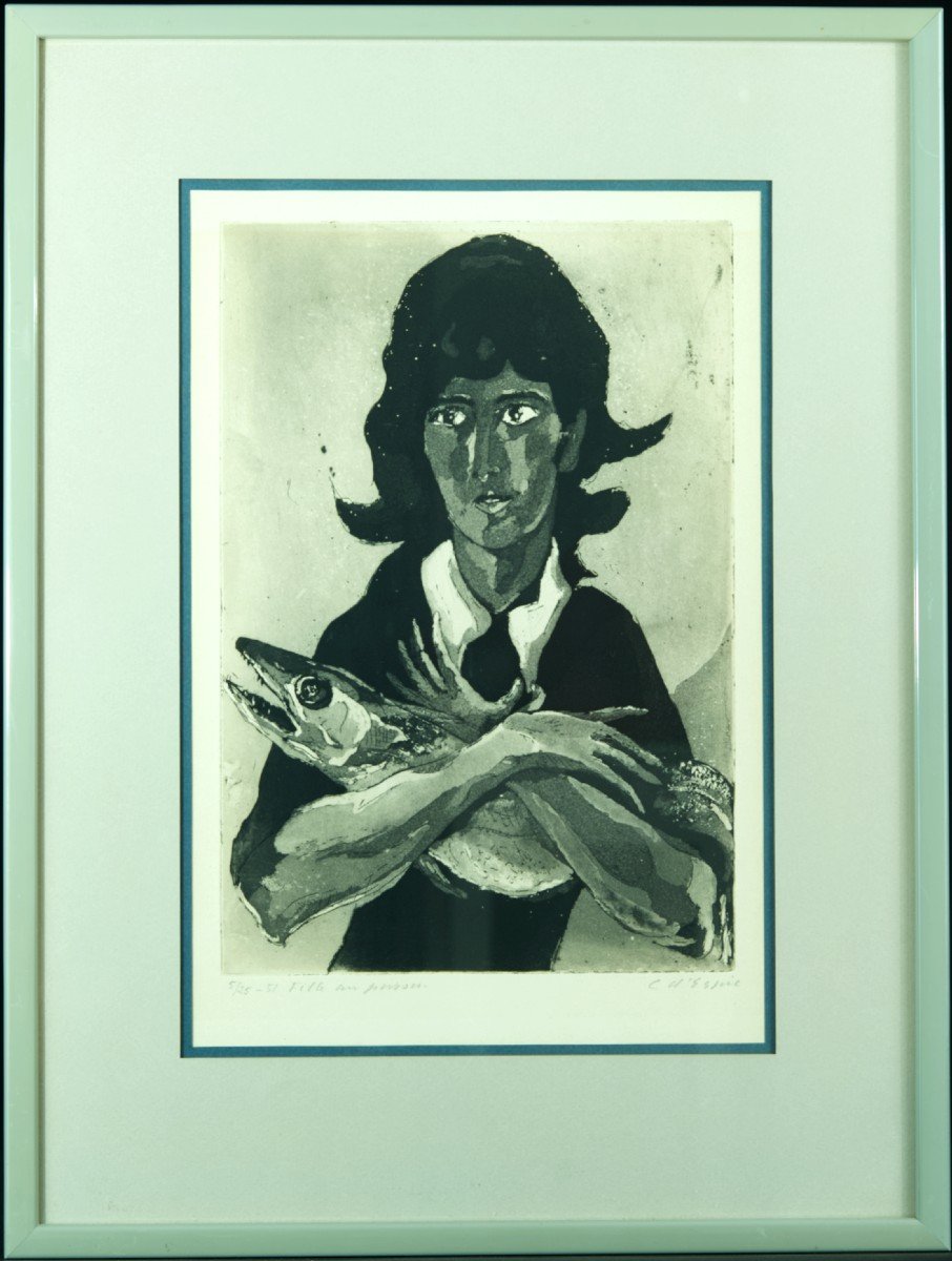 Christian d'Espic Rare Engraving Portrait Young Girl With Fish Villon Duchamp 1950 Fashion Design-photo-3
