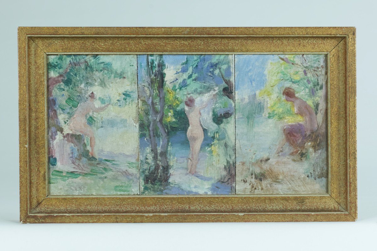  Louis Delfau 3 tableaux  anciens Portrait Femme Nue Baigneuses Nymphe  Au Bain -photo-1