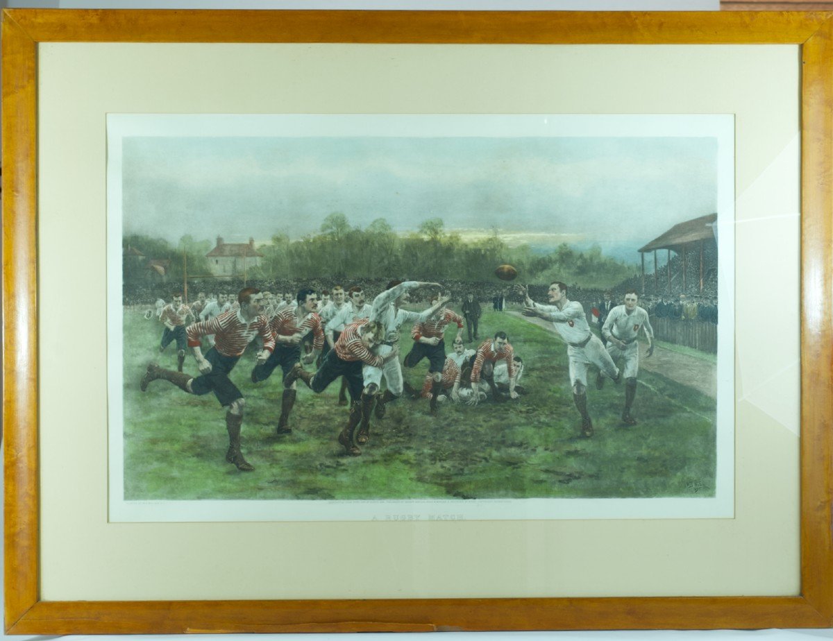 Ancienne Lithographie Sport Equipe Match Rugby Stade Rwc 23 A Rugby Match Wollen William Barnes-photo-2