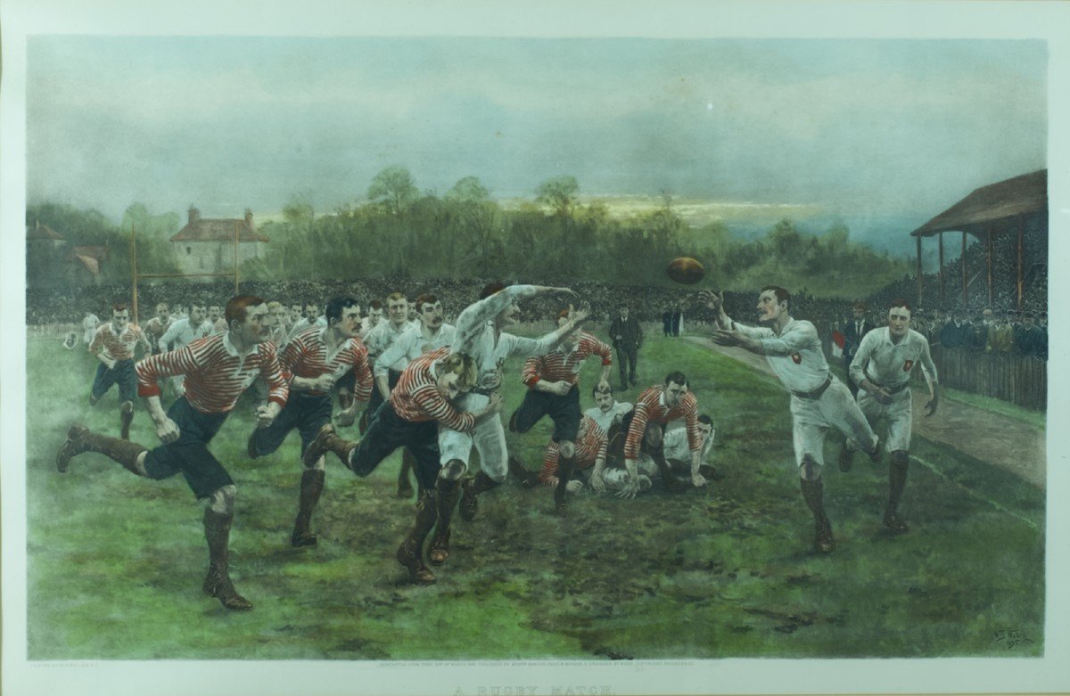 Ancienne Lithographie Sport Equipe Match Rugby Stade Rwc 23 A Rugby Match Wollen William Barnes-photo-3